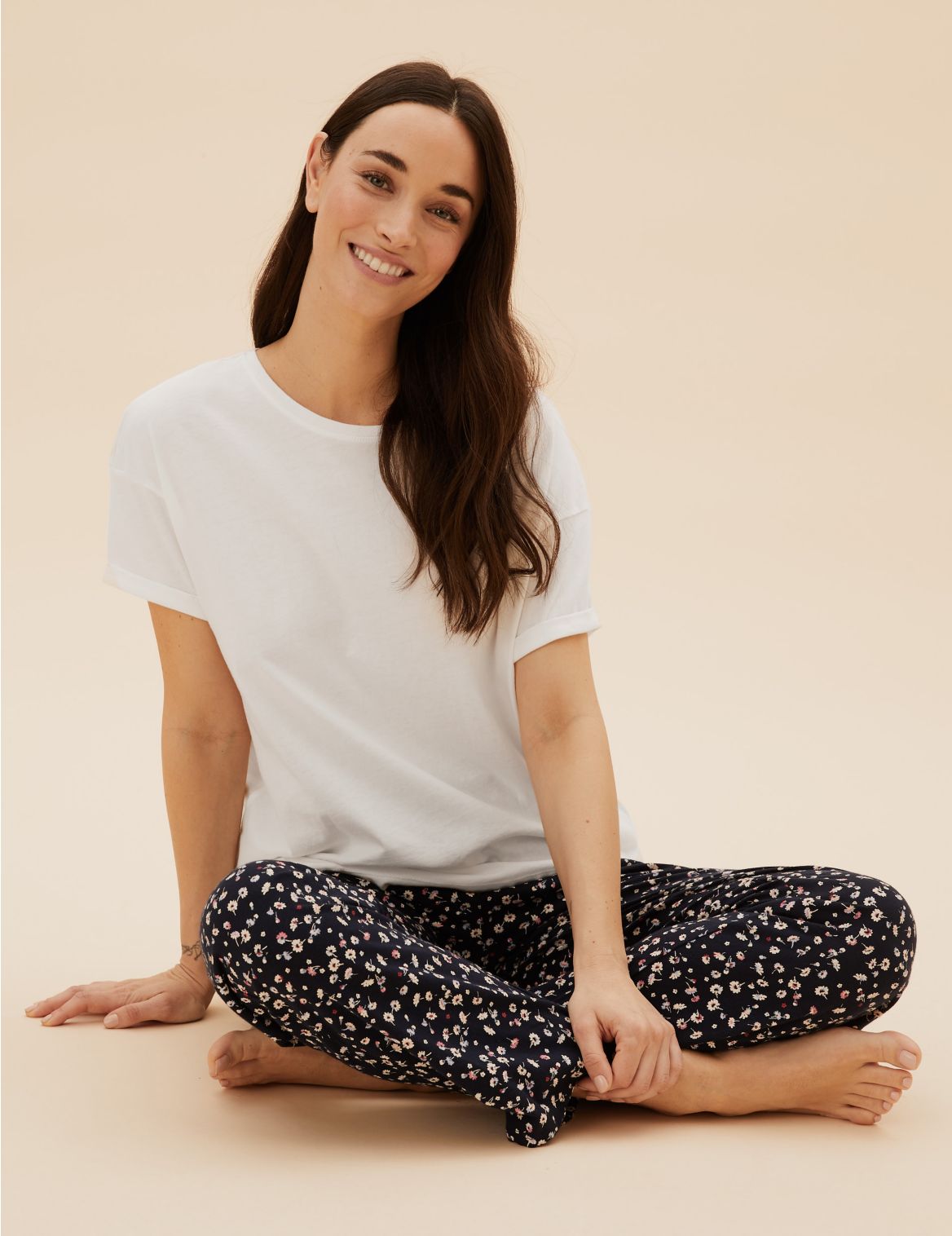 Pure Cotton Floral Print Pyjama Set navy
