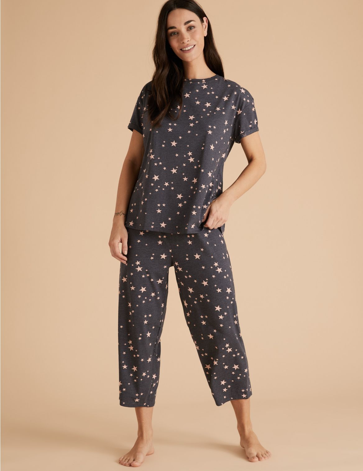 Cotton Star Print Cropped Pyjama Set grey
