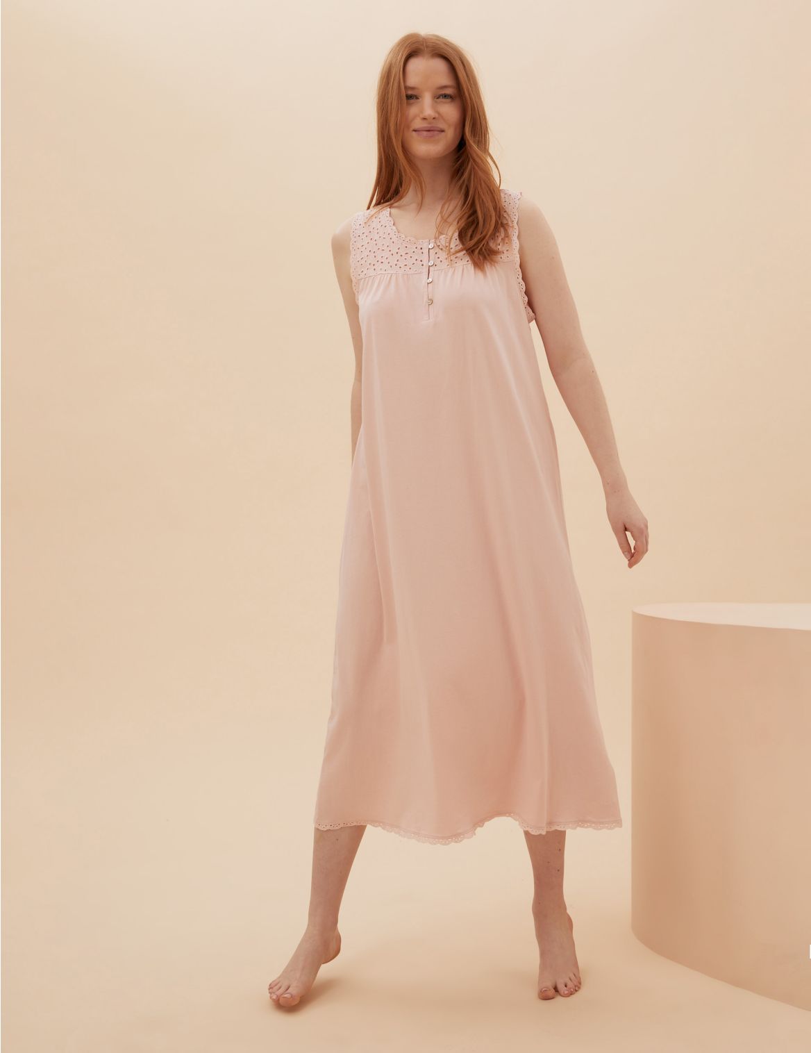 Cotton Broderie Long Nightdress pink