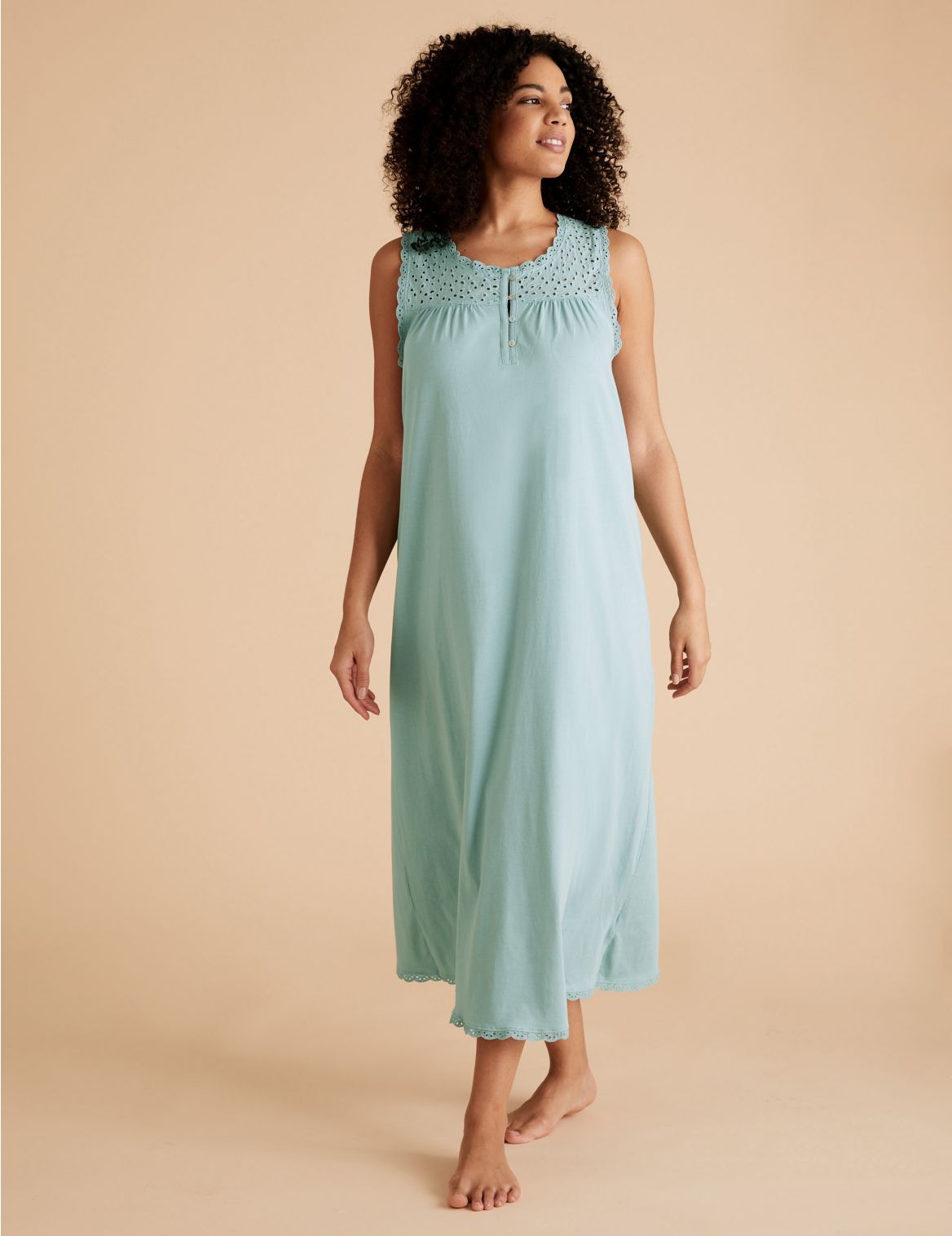 Pure Cotton Broderie Trim Long Nightdress blue