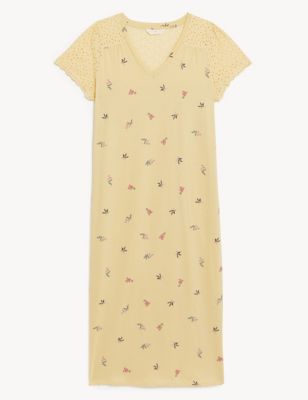 M&S Womens Pure Cotton Floral Broderie Long Nightdress - XL - Yellow Mix, Yellow Mix