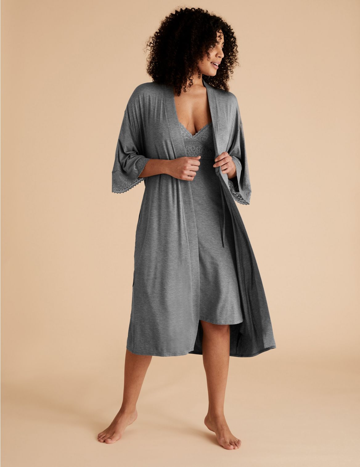 Sumptuously Soft&trade; Lace Trim Lounge Wrap grey