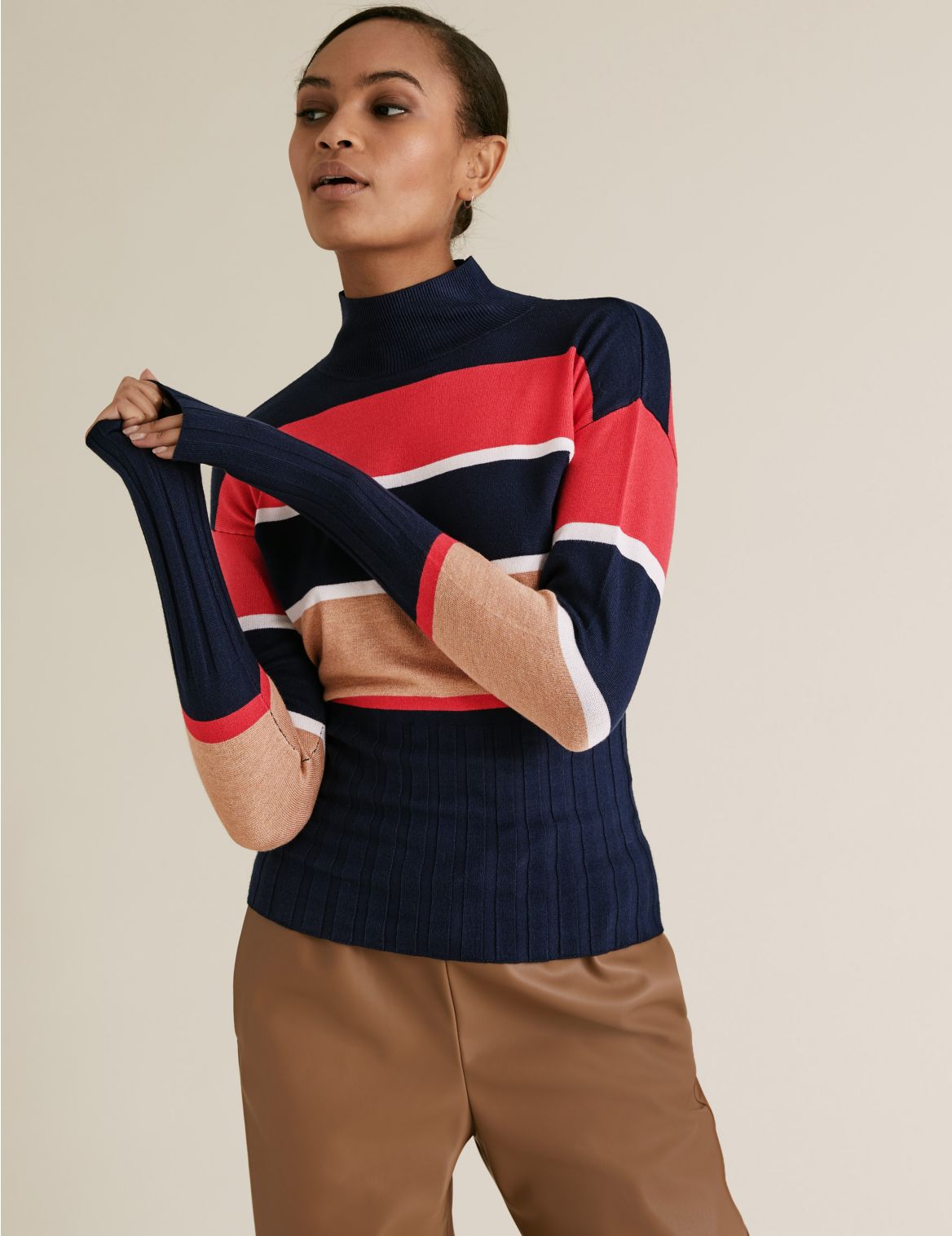 Knitted Striped Funnel Neck Fitted Jumper navy