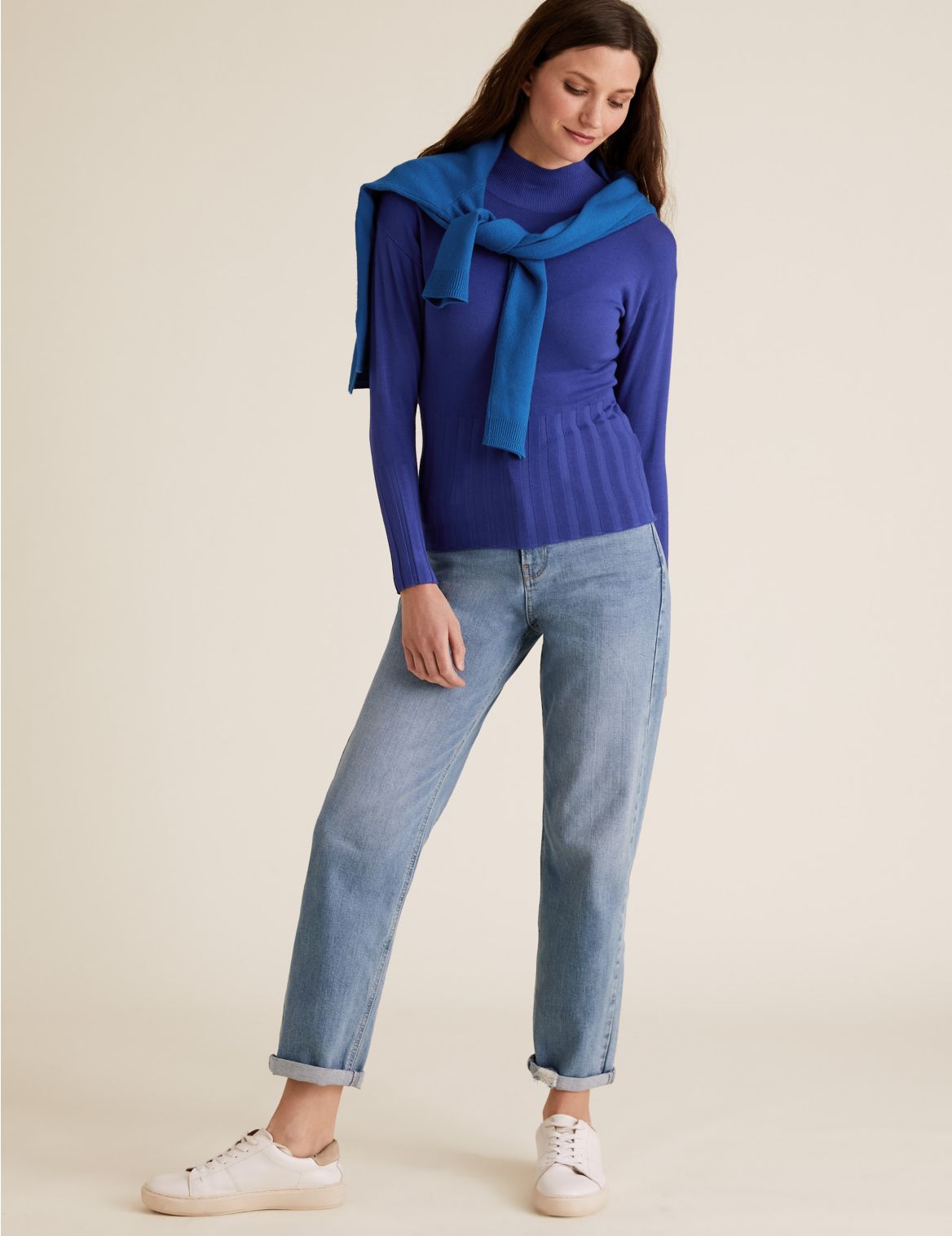 Knitted Funnel Neck Fitted Jumper blue