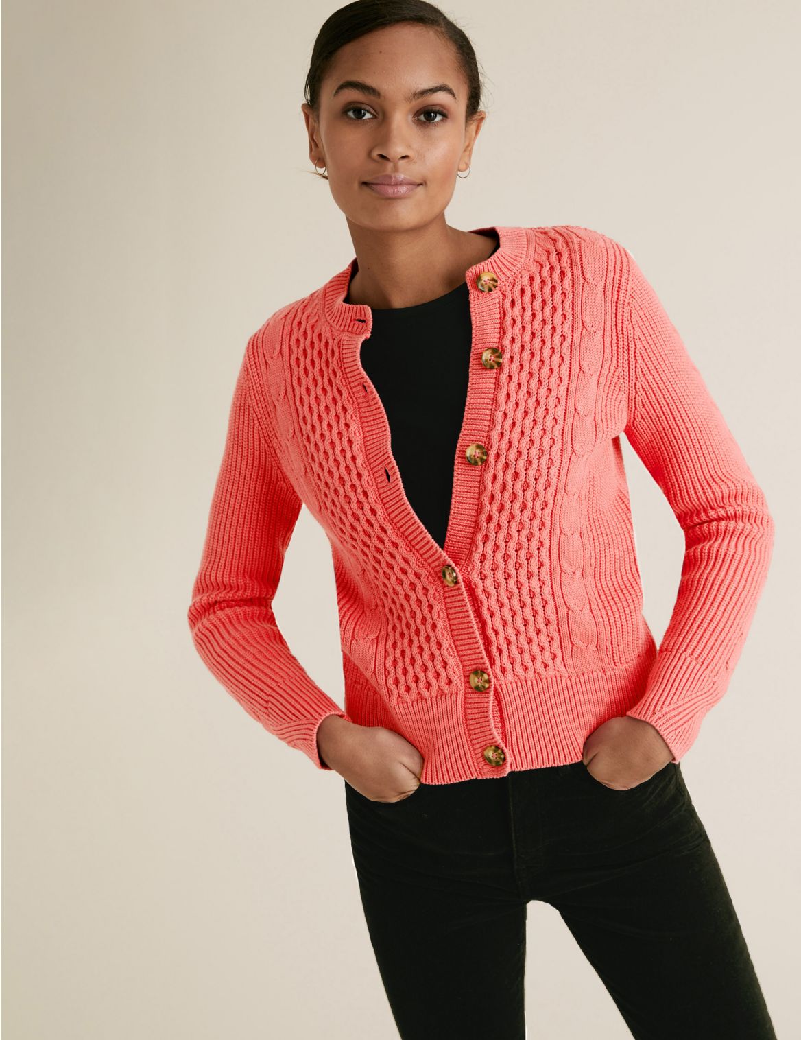 Cotton Cable Knit Crew Neck Cardigan red