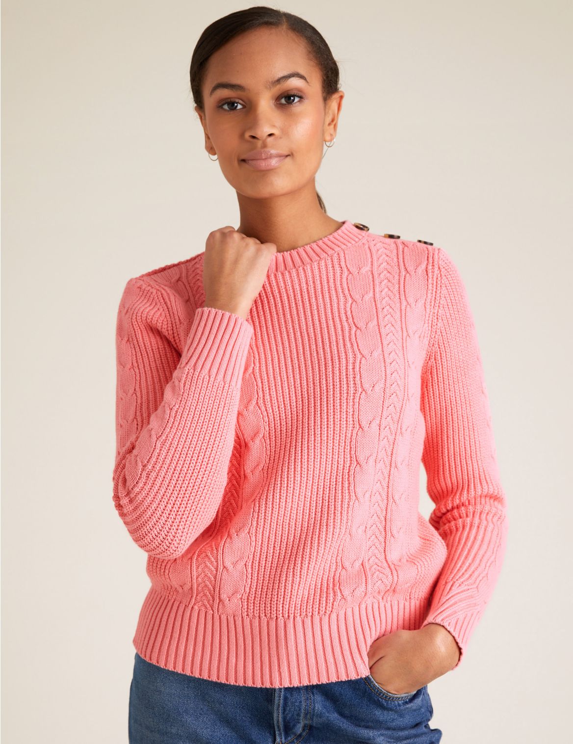 Cotton Cable Knit Crew Neck Jumper pink