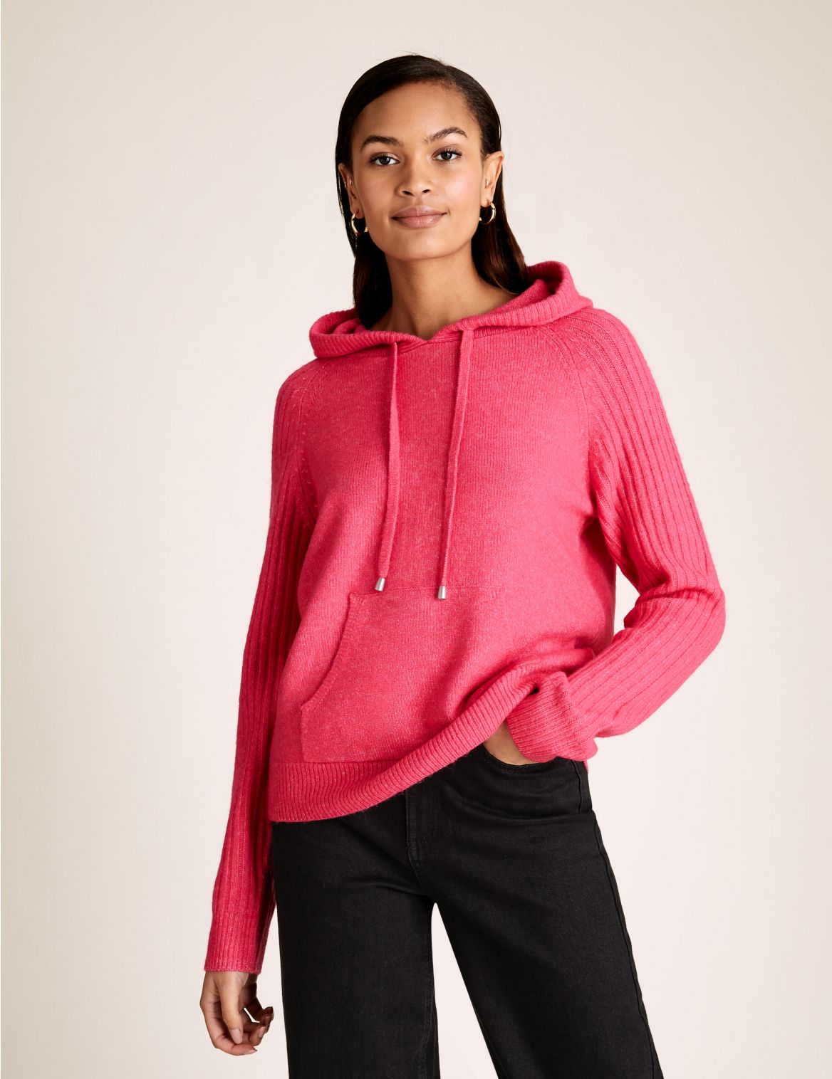 Knitted Rib Sleeve Relaxed Hoodie pink