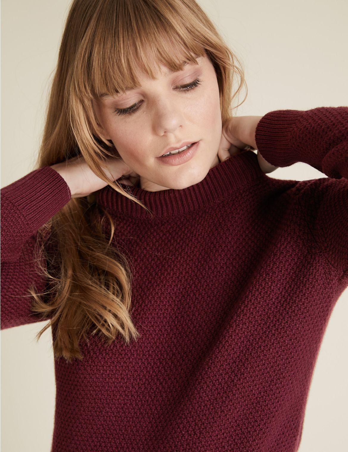 Cotton Textured Crew Neck Jumper with Wool red