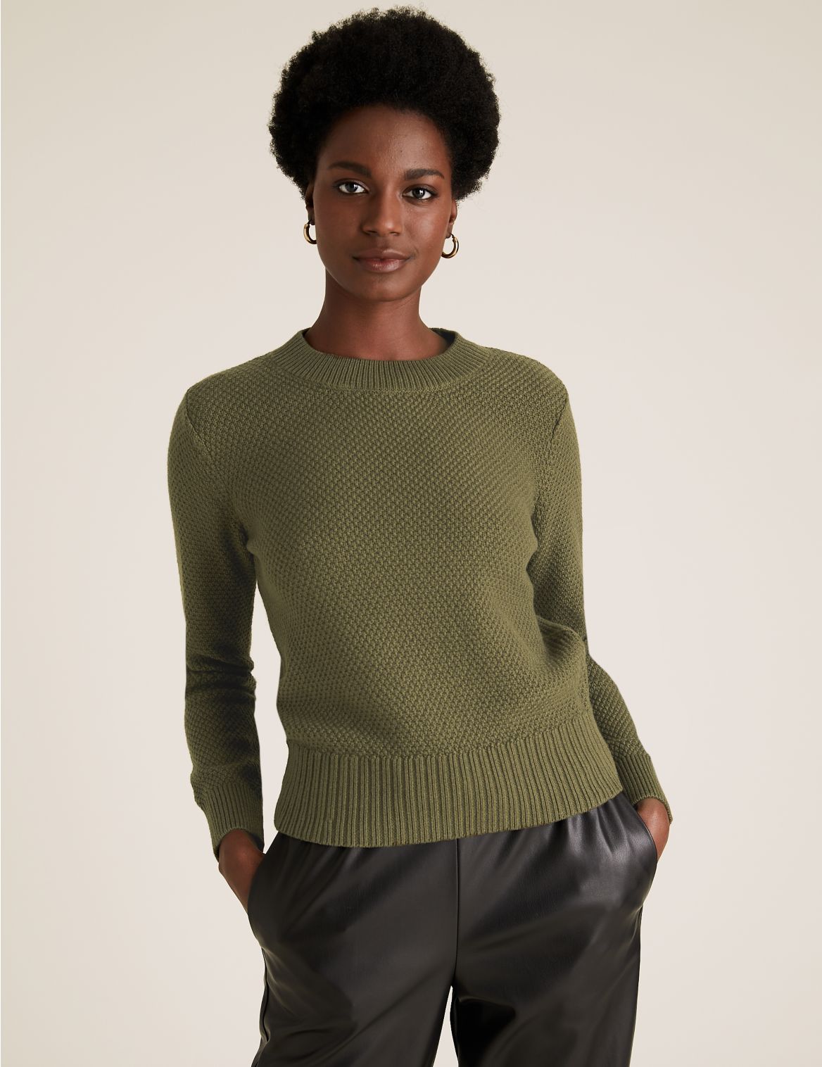 Cotton Textured Crew Neck Jumper with Wool green