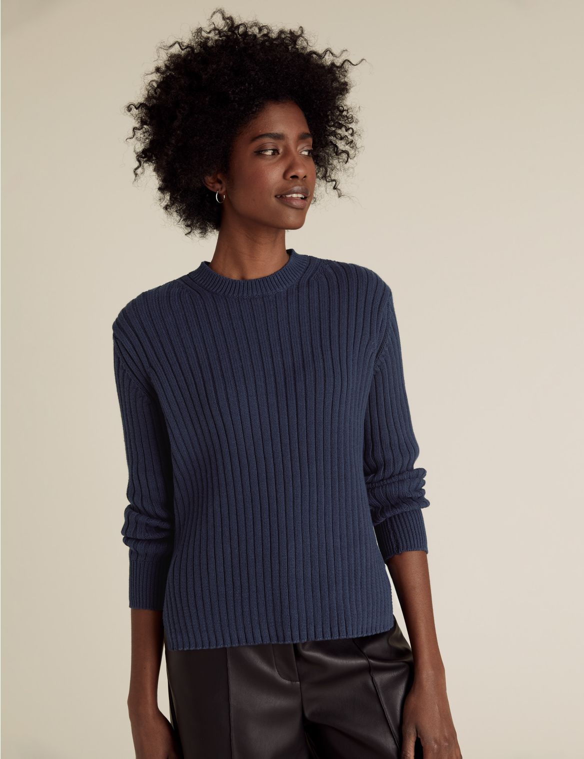 Pure Cotton Ribbed Crew Neck Jumper navy
