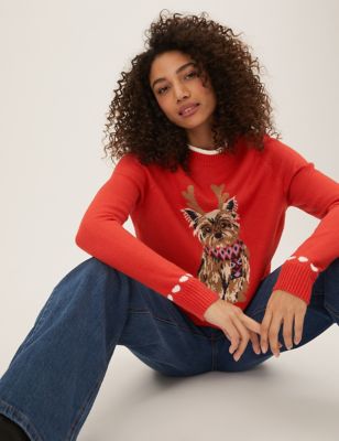 M&S Womens Supersoft Christmas Dog Print Jumper