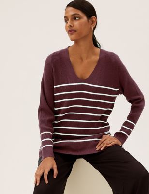 M&S Womens Soft Touch Ribbed Striped V-Neck Jumper