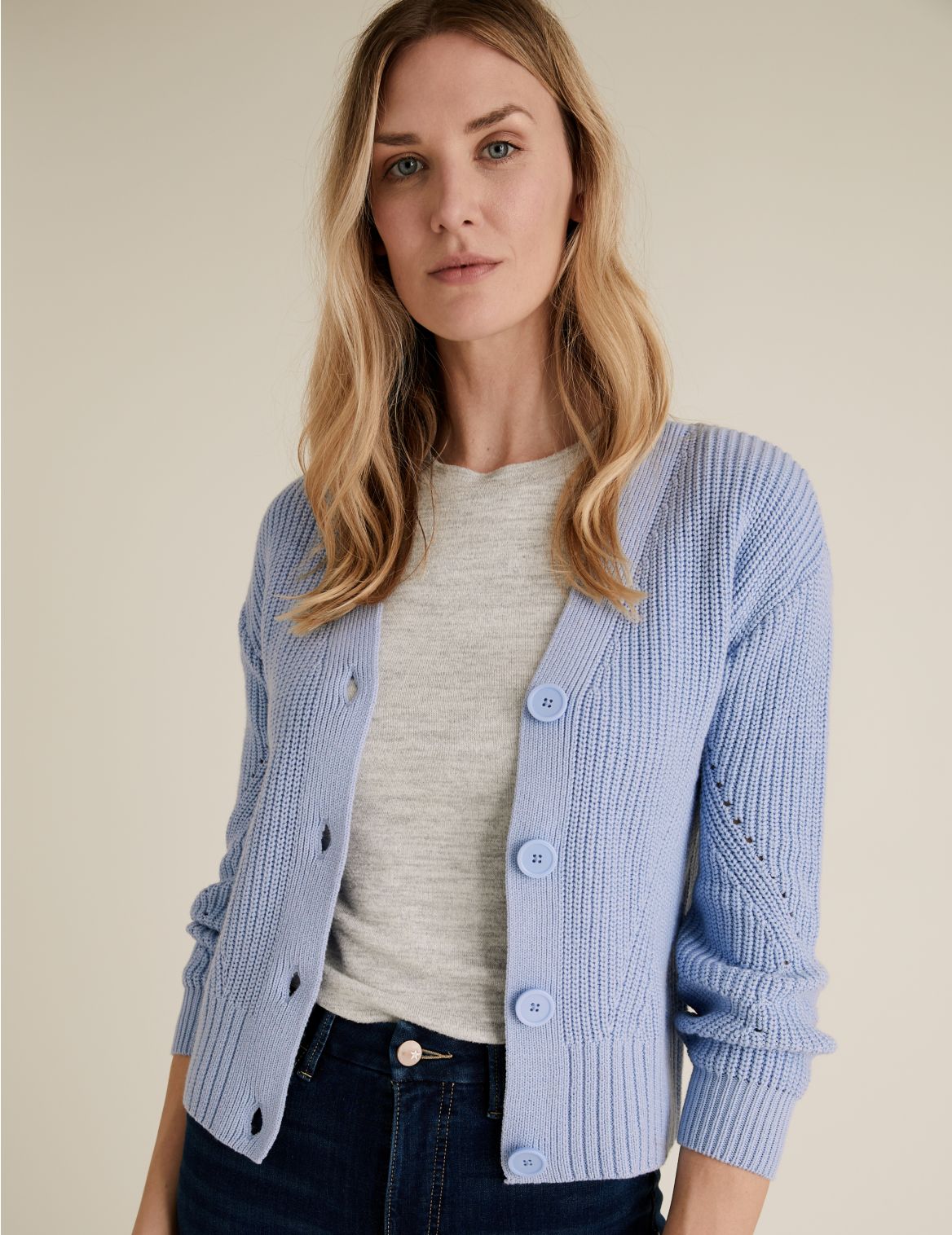 Cotton Ribbed Cardigan with Wool blue