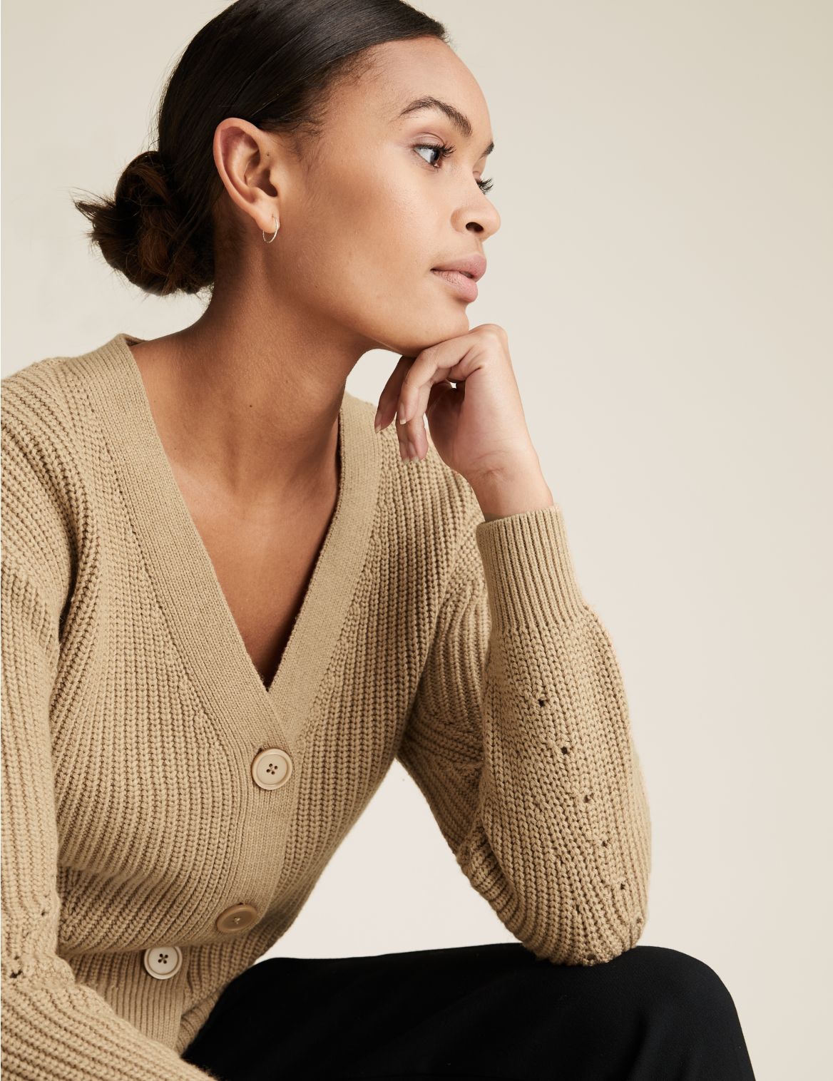 Cotton Ribbed Cardigan with Wool beige