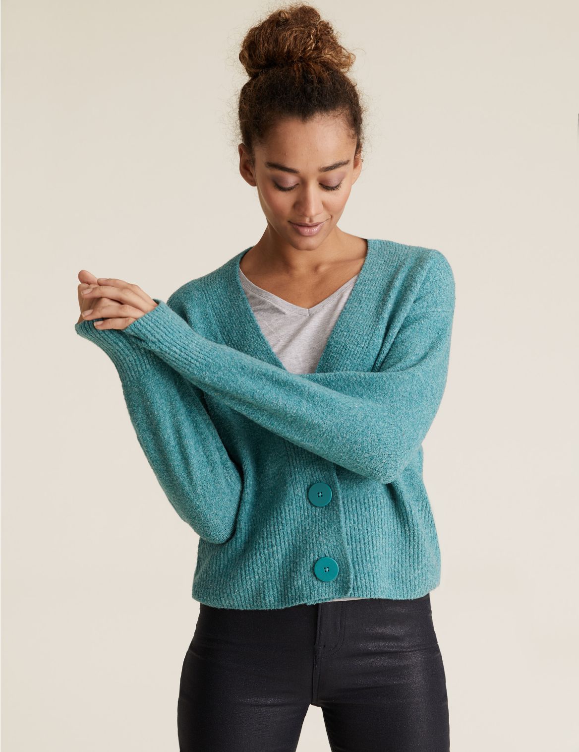 Cotton Knitted V-Neck Relaxed Cardigan green