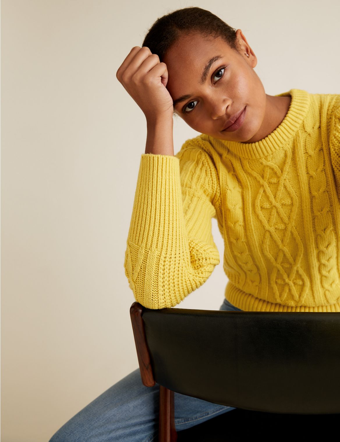 Cable Knit Crew Neck Jumper yellow