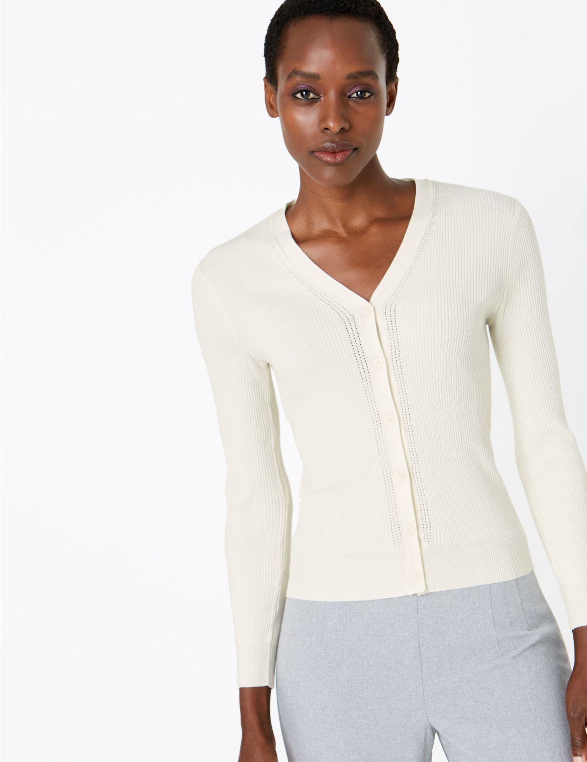 Ribbed Button Front Fitted Cardigan cream