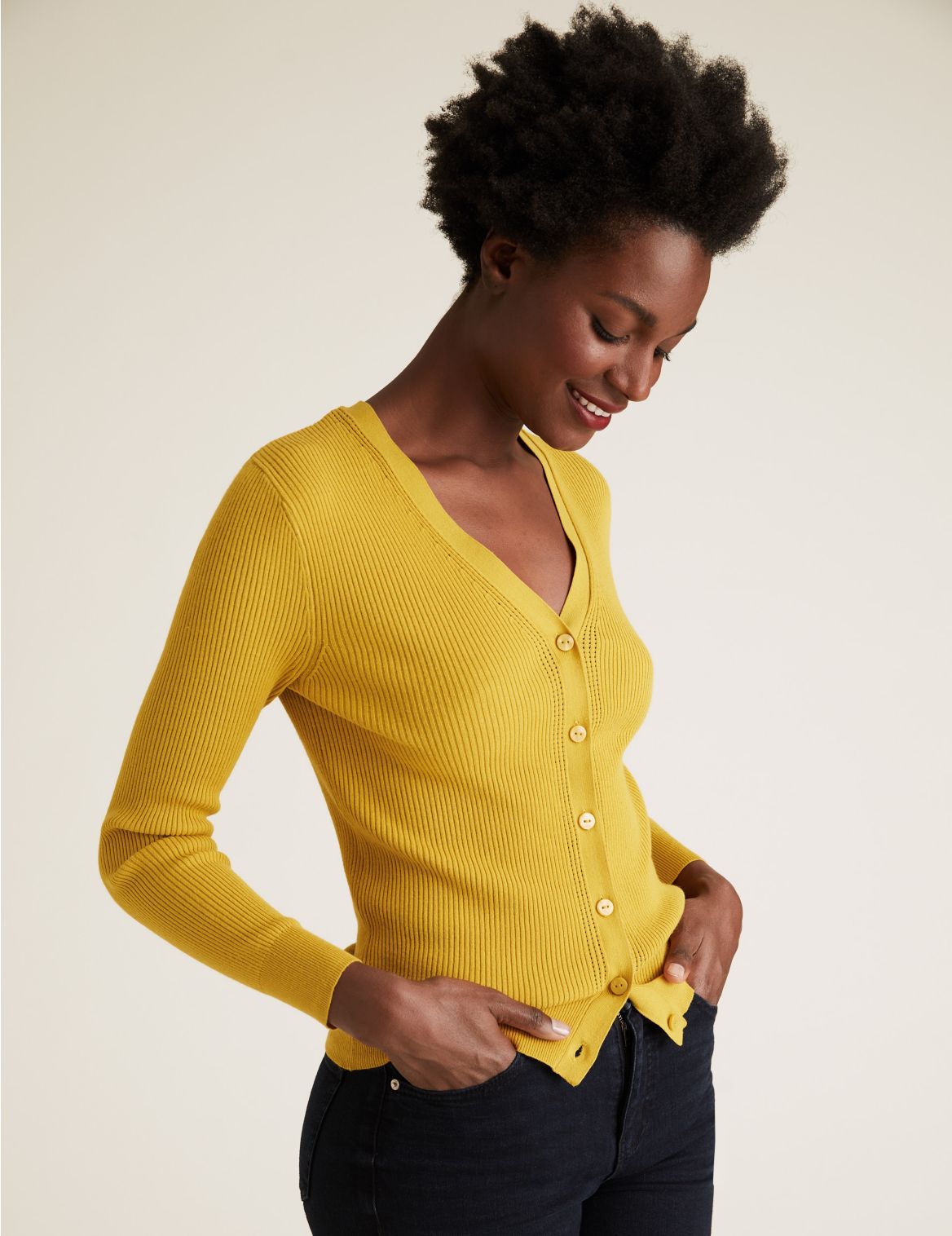 Ribbed Button Front Fitted Cardigan yellow