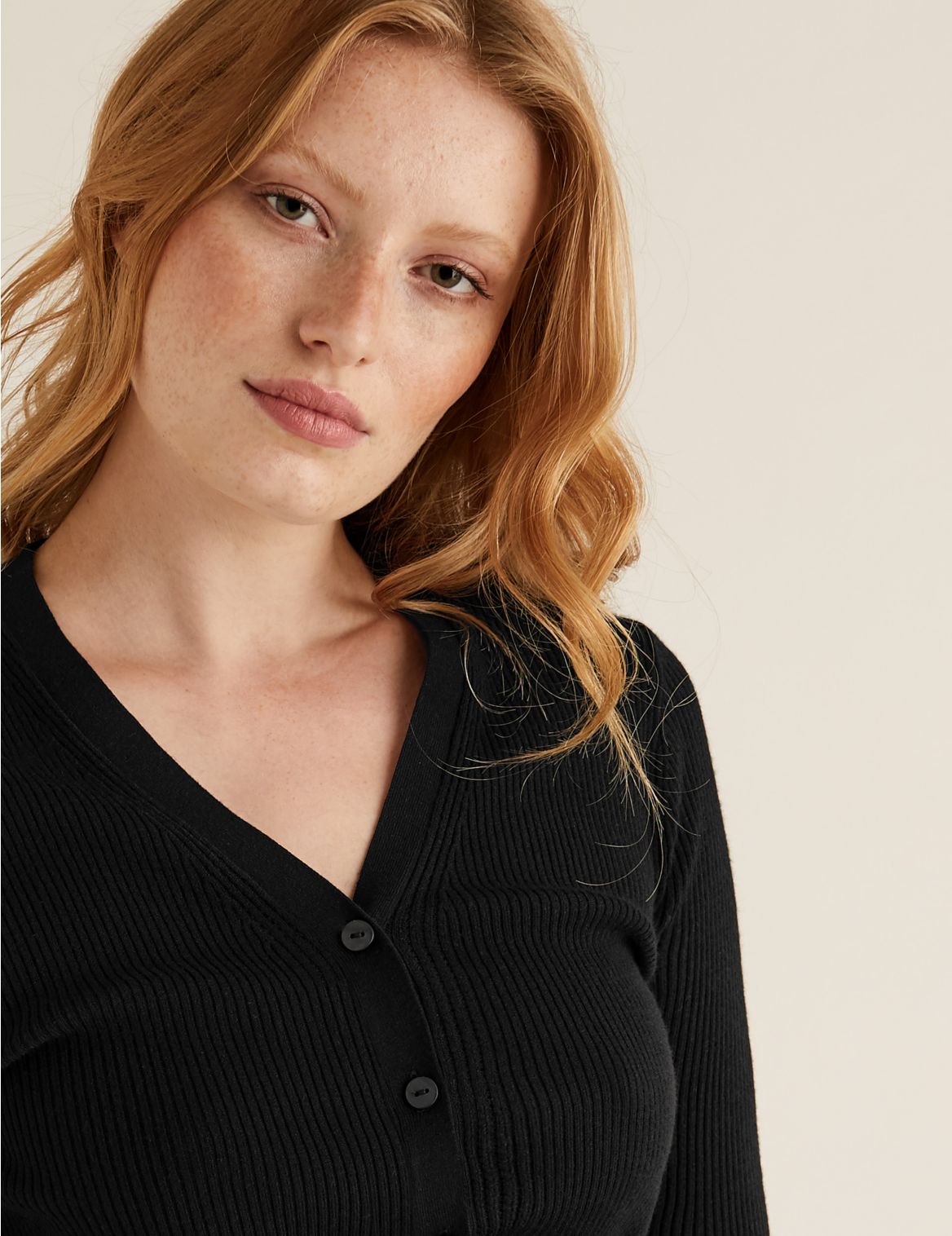 Ribbed Button Front Fitted Cardigan black