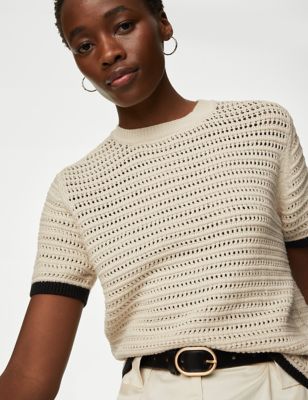 M&S Womens Cotton Rich Textured Tipped Knitted Top - L - Ecru Mix, Ecru Mix,Black Mix