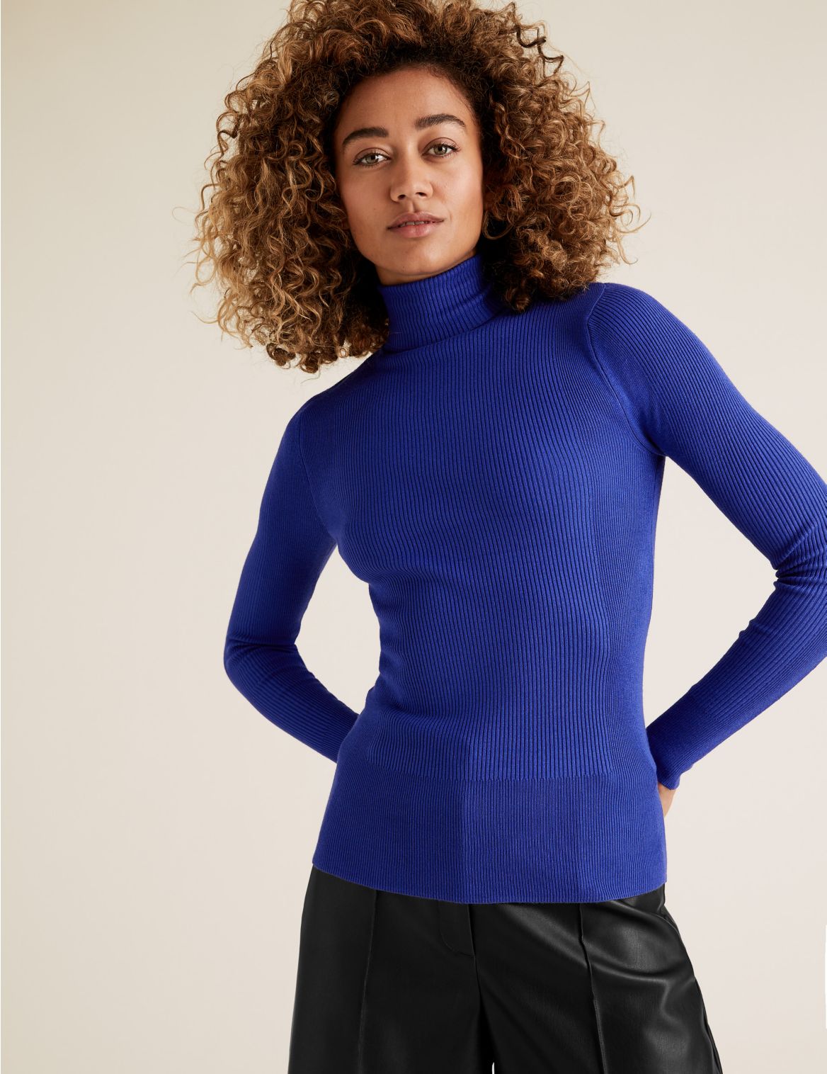 Ribbed Roll Neck Fitted Jumper blue