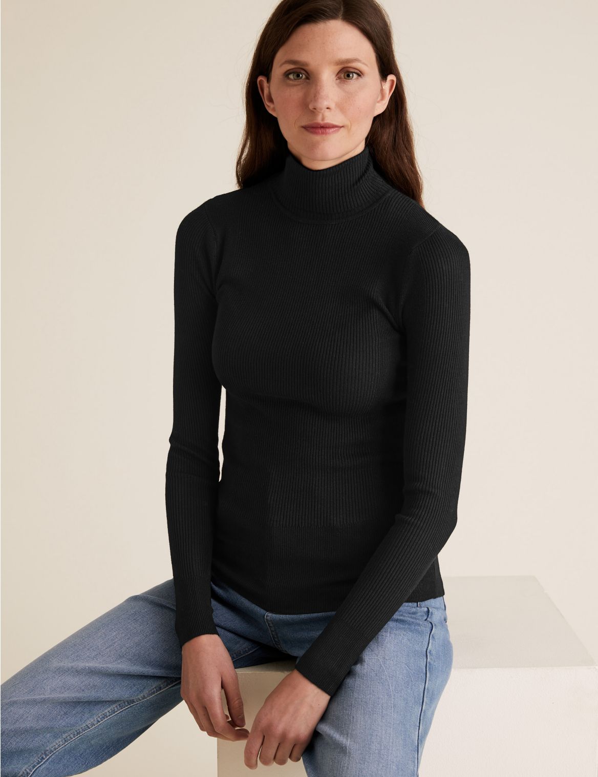 Ribbed Roll Neck Fitted Jumper black