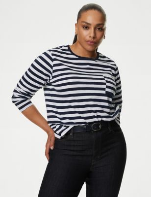 M&S Womens Pure Cotton Striped Pocket T-Shirt - 16 - Navy Mix, Navy Mix