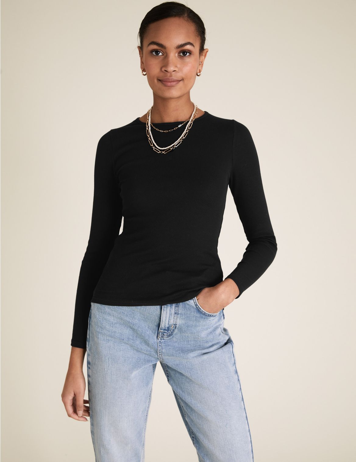 Crew Neck Relaxed Long Sleeve Longline Top black