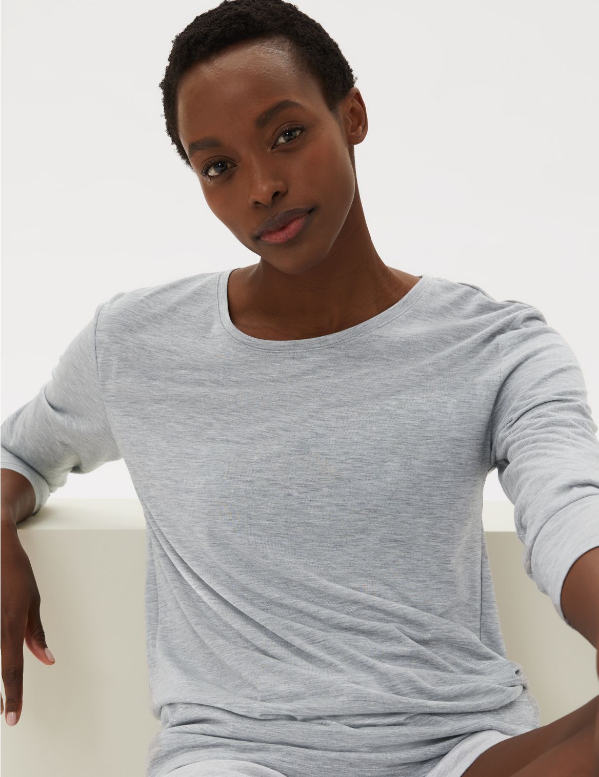 Crew Neck Relaxed Longline Long Sleeve Top grey