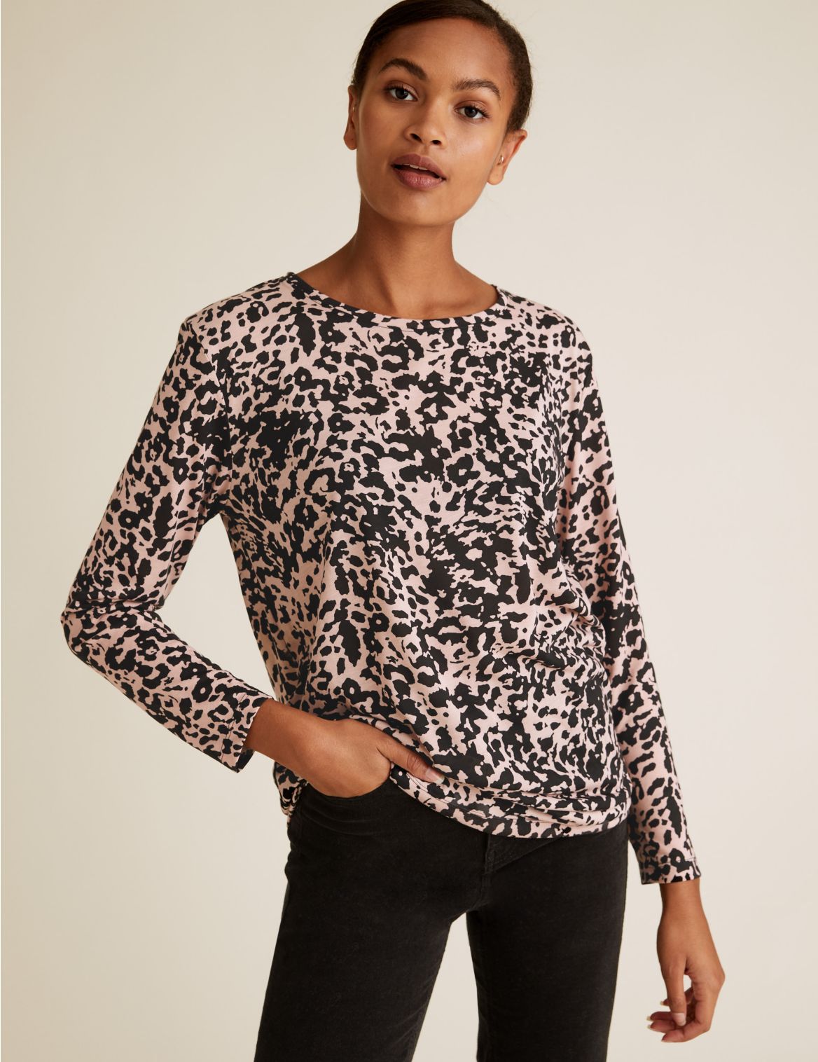 Animal Print Relaxed Long Sleeve Top pink