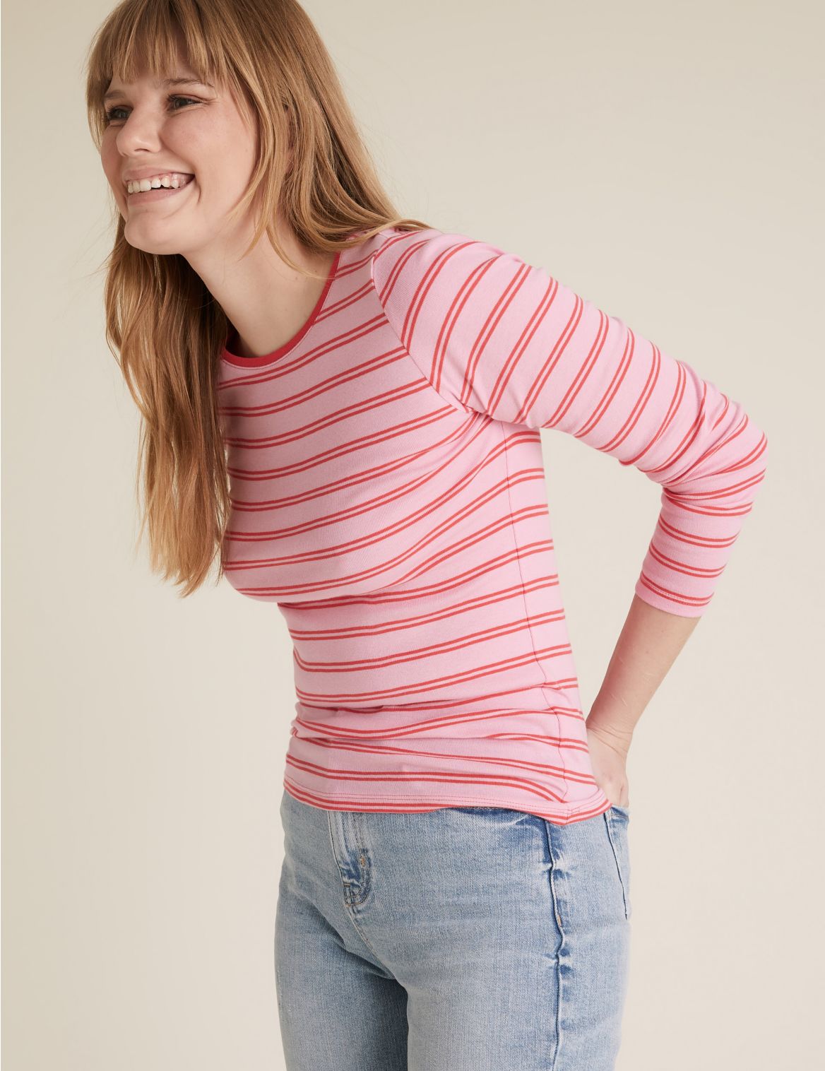 Pure Cotton Striped Regular Fit Top Pink