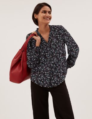 M&S Womens Floral Printed V-Neck Frill Detail Blouse