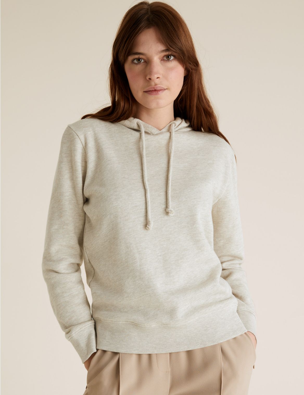 Cotton Relaxed Long Sleeve Hoodie beige