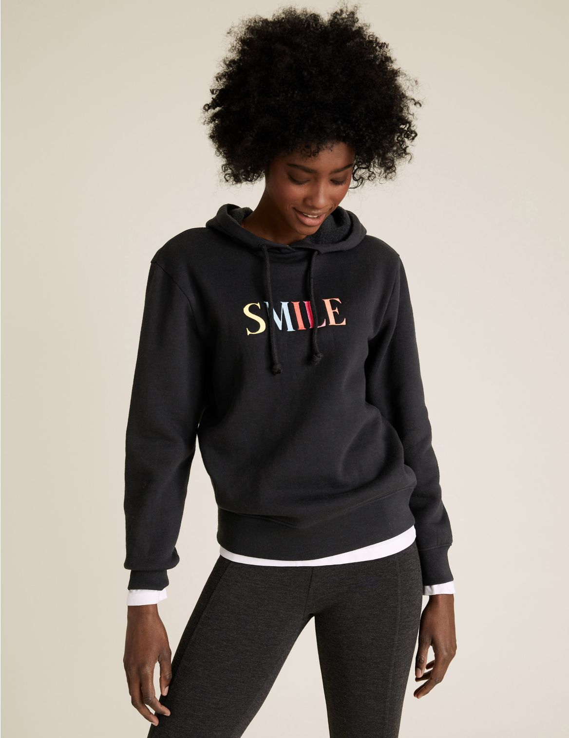 Cotton Smile Slogan Relaxed Hoodie black