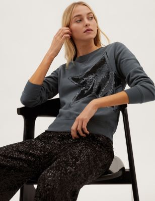M&S Womens Cotton Rich Embroidered Sweatshirt