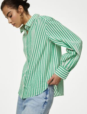 M&S Womens Pure Cotton Striped Collared Shirt - 18REG - Brown Mix, Brown Mix,Green Mix