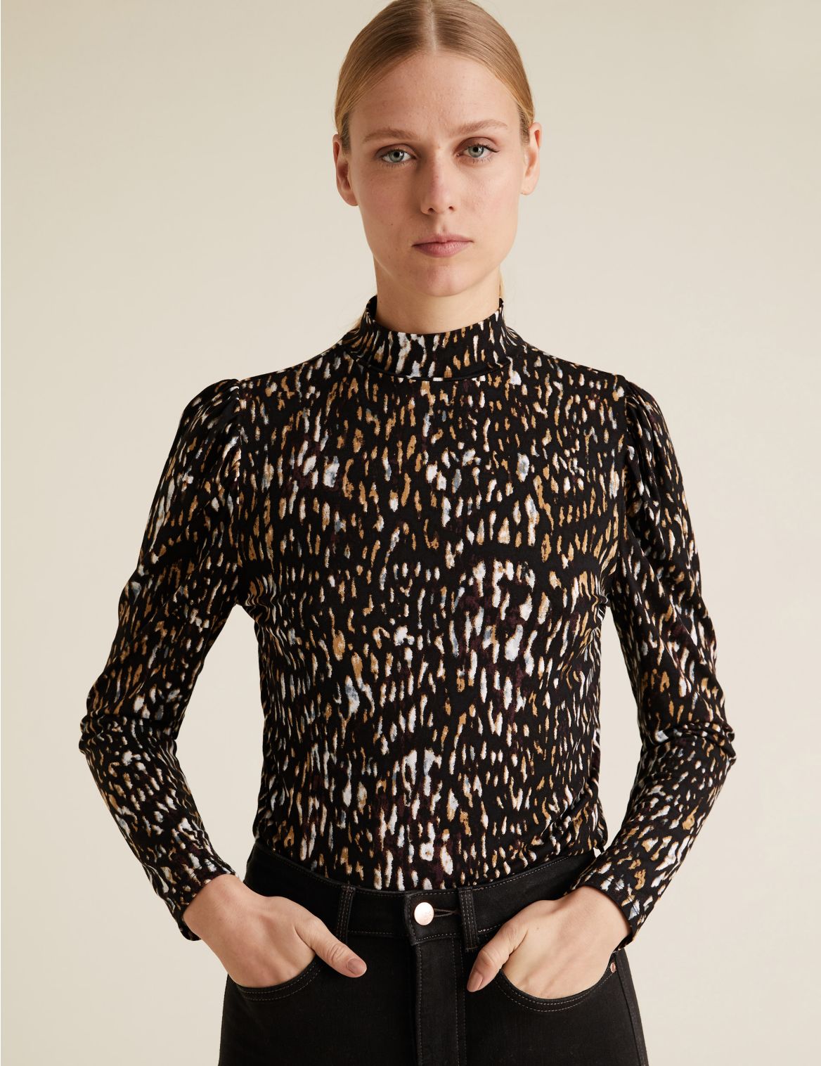 Animal Print Funnel Neck Fitted Top brown