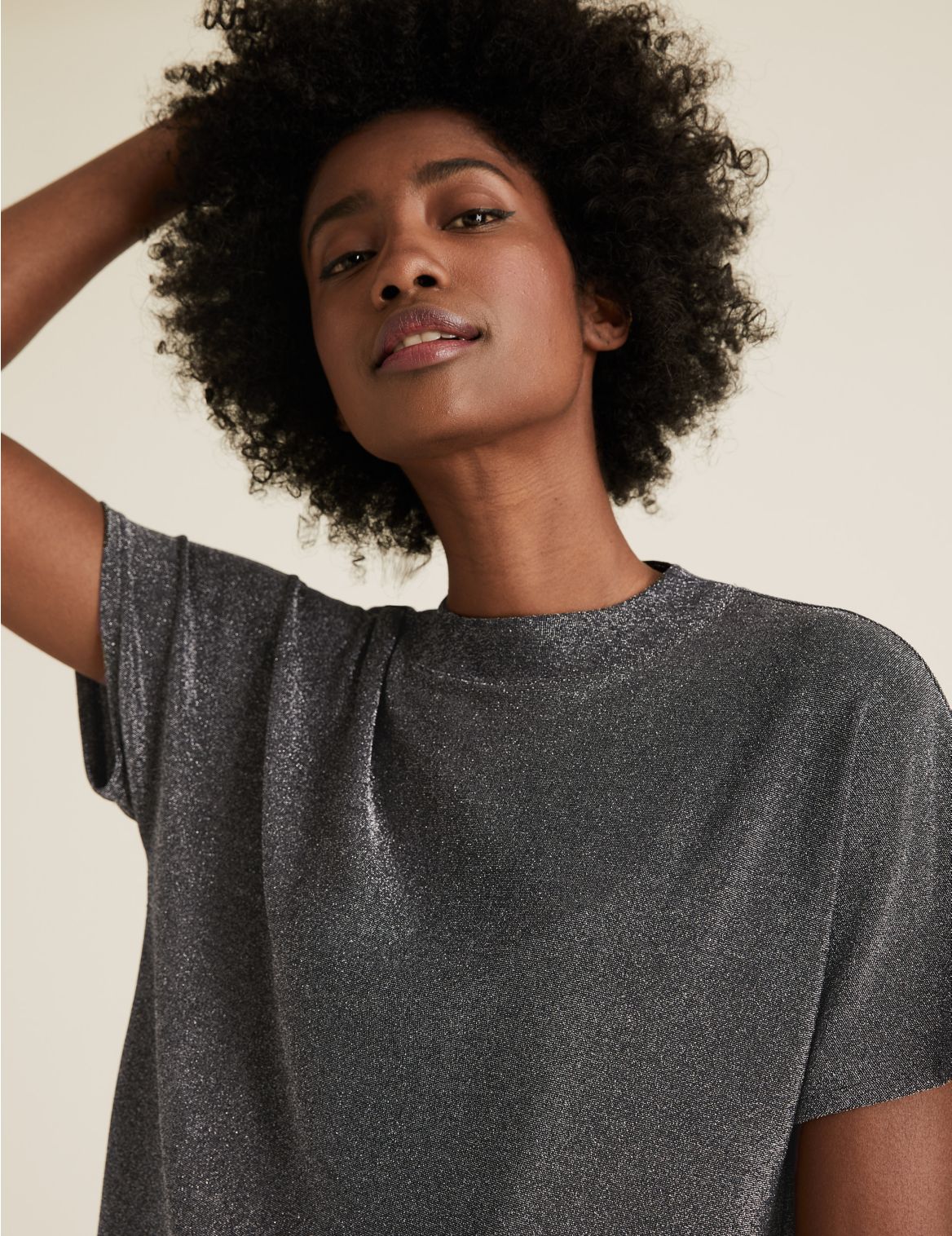 Shimmer High Neck Relaxed Short Sleeve Top silver