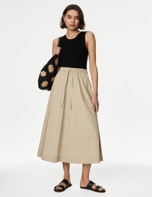 M&S Women's Pure Cotton Midi Utility Circle Skirt - 10REG - Buff, Buff,Black
