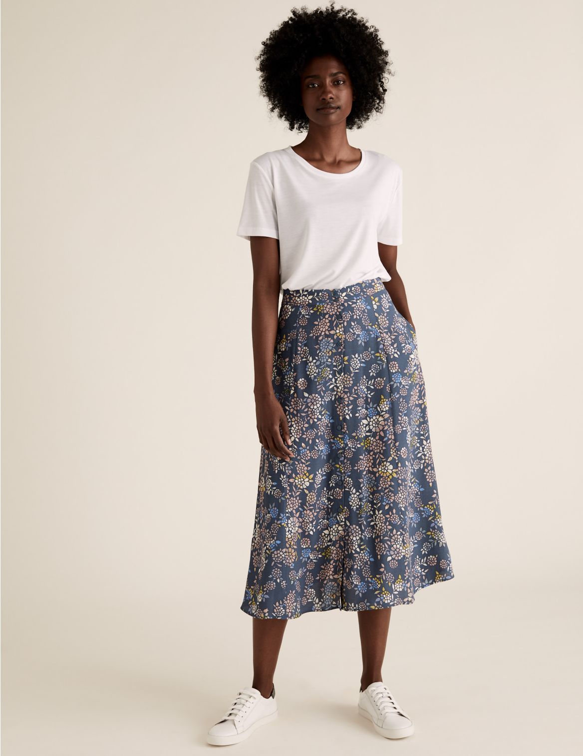 Floral Button Front Midi A-Line Skirt navy