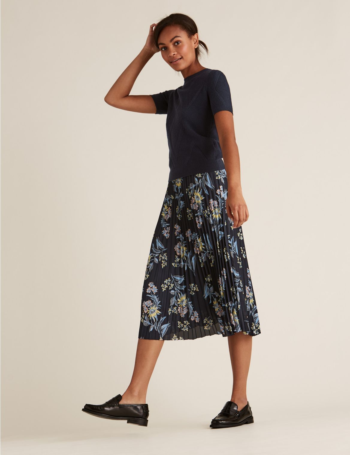 Floral Midi Pleated Skirt multi-coloured