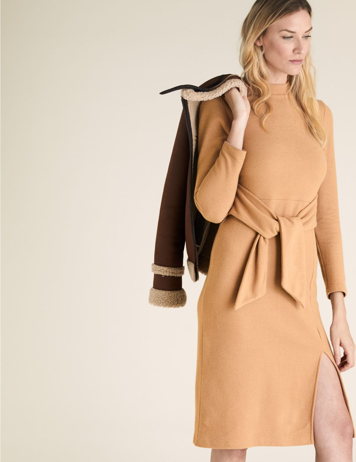 Jersey Brushed Belted Midi Shift Dress brown