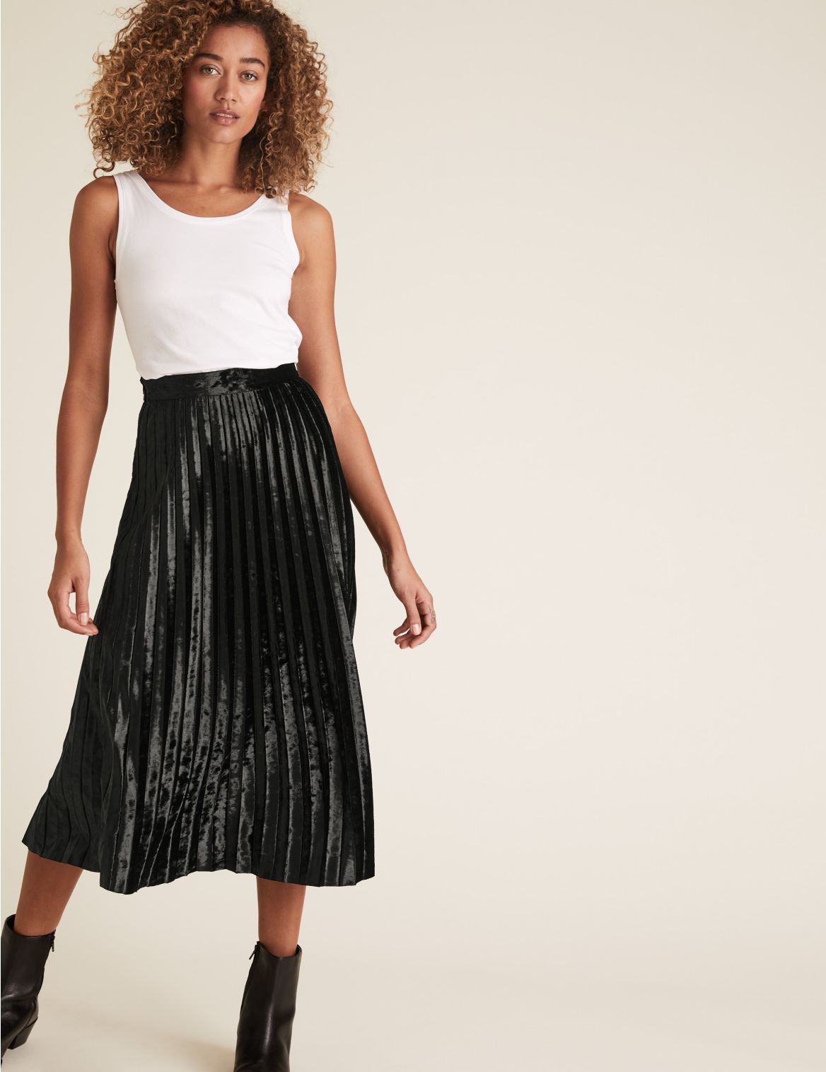 Jersey Velvet Pleated Midi Skirt black