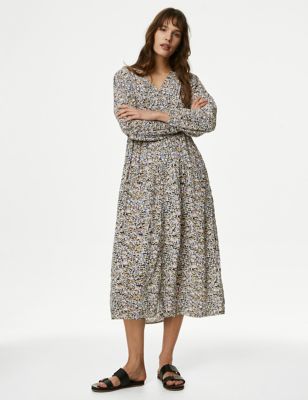 M&S Womens Textured Printed V-Neck Midi Tea Dress - 6REG - Multi, Multi
