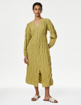 M&S Womens Cotton Rich Textured V-Neck Midi Tea Dress - 6REG - Onyx, Onyx