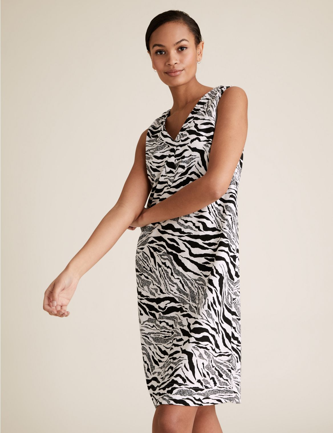 Linen Zebra Print Shift Dress white