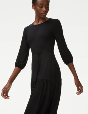 M&S Women's Jersey Round Neck Midi Tiered Tea Dress - 8PET - Black, Black