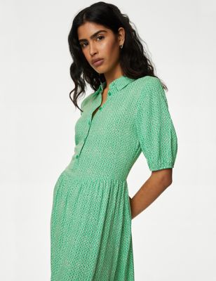 M&S Womens Printed Collared Puff Sleeve Midi Shirt Dress - 16REG - Green Mix, Green Mix,Blue Mix,Kha