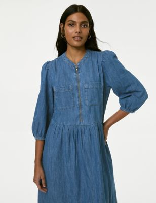 M&S Women's Pure Cotton Denim Midi Waisted Dress - 24PET, Denim