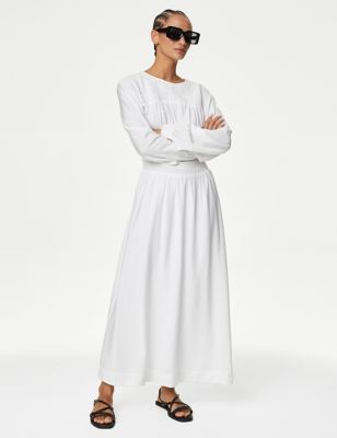 M&S Womens Round Neck Ruched Midi Waisted Dress - 16REG - White, White